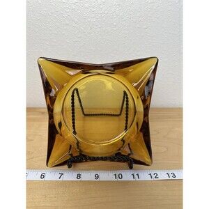 Vintage MCM Amber Glass Ashtray Heavy 4 Slot Square 5.5" Retro, Excellent Cond.